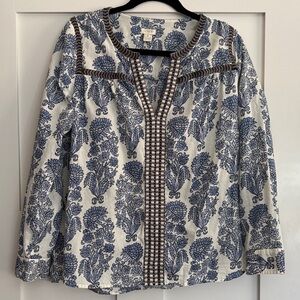 J. Crew White and Blue Floral Cotton Tunic